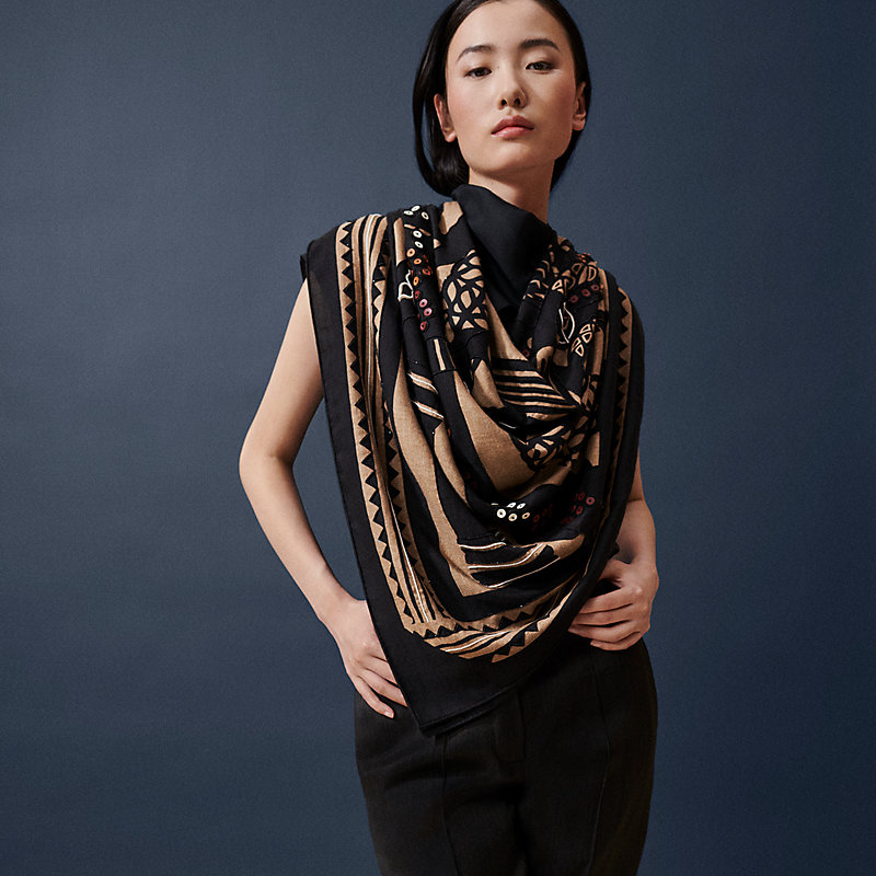 Embroidered Fantaisie d'Etriers shawl 140 - Brown | Hermès Embroidered Fantaisie d'Etriers shawl 140 - Brown | Hermès